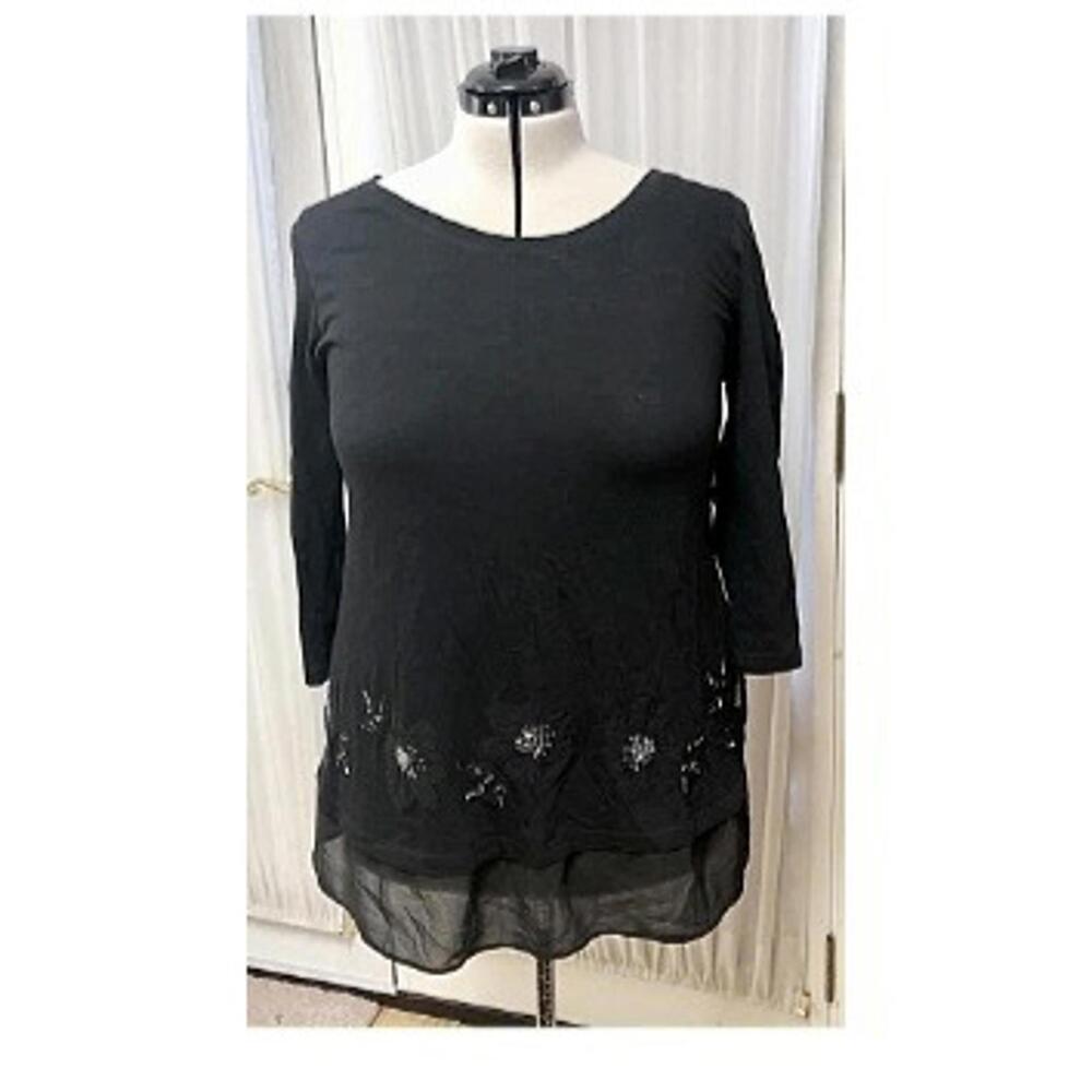 LOGO Lori Goldstein Slub Knit Cotton Tunic Embellished Chiffon Trim Size L